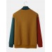 Men Corduroy Patchwork Contrast Color Letter Stand Collar Letter Pullover Sweatshirt