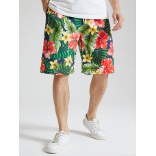 Mens Floral Leaf Print Holiday Mid Length Drawstring Shorts