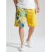 Mens Tropical Plants Print Patchwork Holiday Loose Drawstring Shorts